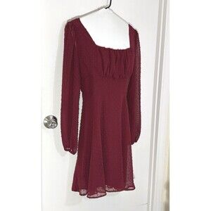 Womens Burgundy XL Fit & Flare Chiffon Swiss Dot Long Sleeve Mini Dress Lyaner